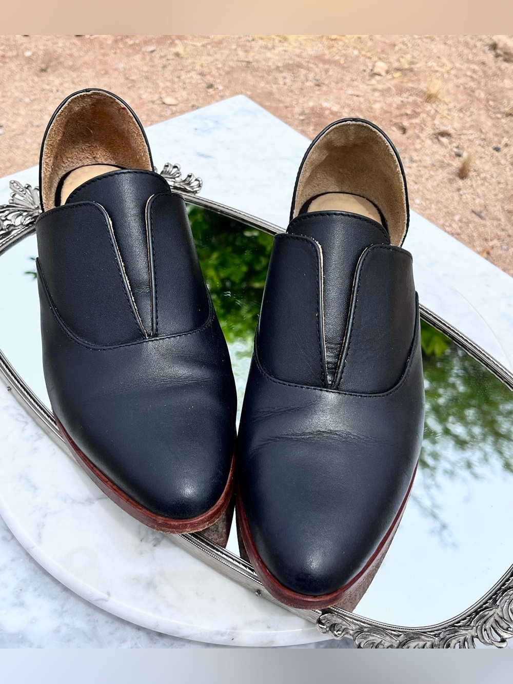 Nisolo Emma d’Orsay Oxford, 8.5, Black Leather, Slip On, Stacked Heel